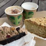 Cappuccino and latte with chocolate and courgette cake, alongside the rhubarb and ginger