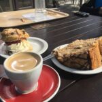 Scone with jam and cream, latte and coffee and walnut cake