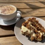 Carrot and walnut cake with cappuccino at the Twisted Spoon in Upton Snodsbury