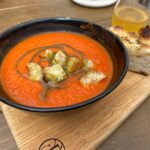 Tomato and olive oil soup with focaccia at Faun in Great Malvern