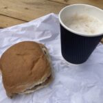 Sausage roll and cappuccino at the Well of the Seven Heads takeaway