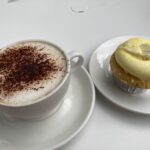Lemon and white chocolate cake and cappuccino at Platform 10 cafe in Bridgnorth