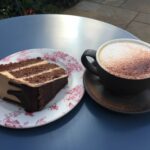 Mocha cake slice and cappuccino at The Garden Shed Cafe in Wellesbourne
