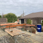 Outdoor seating at Wayside Farm Shop & Tearoom in Wickhamford, Worcestershire