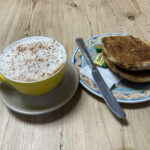 Cappuccino and toasted teacake at The BikeShed Cafe in Barnstaple
