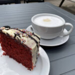 Iced red velvet cake and cappuccino at the Polka Dot Teapot in Elmley Castle