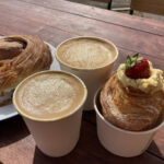 White chocolate & raspberry cruffin, croissant and coffee at MOR Bakery HQ in Chipping Campden