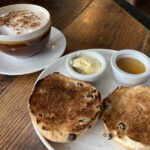 Cappuccino and toasted teacake at Scoff's Coffee House in Coleford