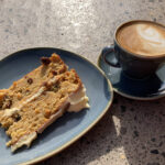 Carrot cake and cappuccino at Maisie's Courtyard Cafe in Tewkesbury