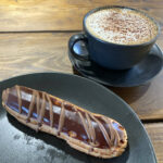 Chocolate eclair & cappuccino at Bruno's Bakery in Studley