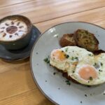 Cappuccino & eggs on sourdough at the Makers Kitchen cafe in Alcester, Warwickshire